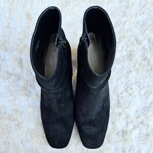 Black Suede Bootie Ann Taylor Breanna Size 6 Leather Harness Buckle Square Toe